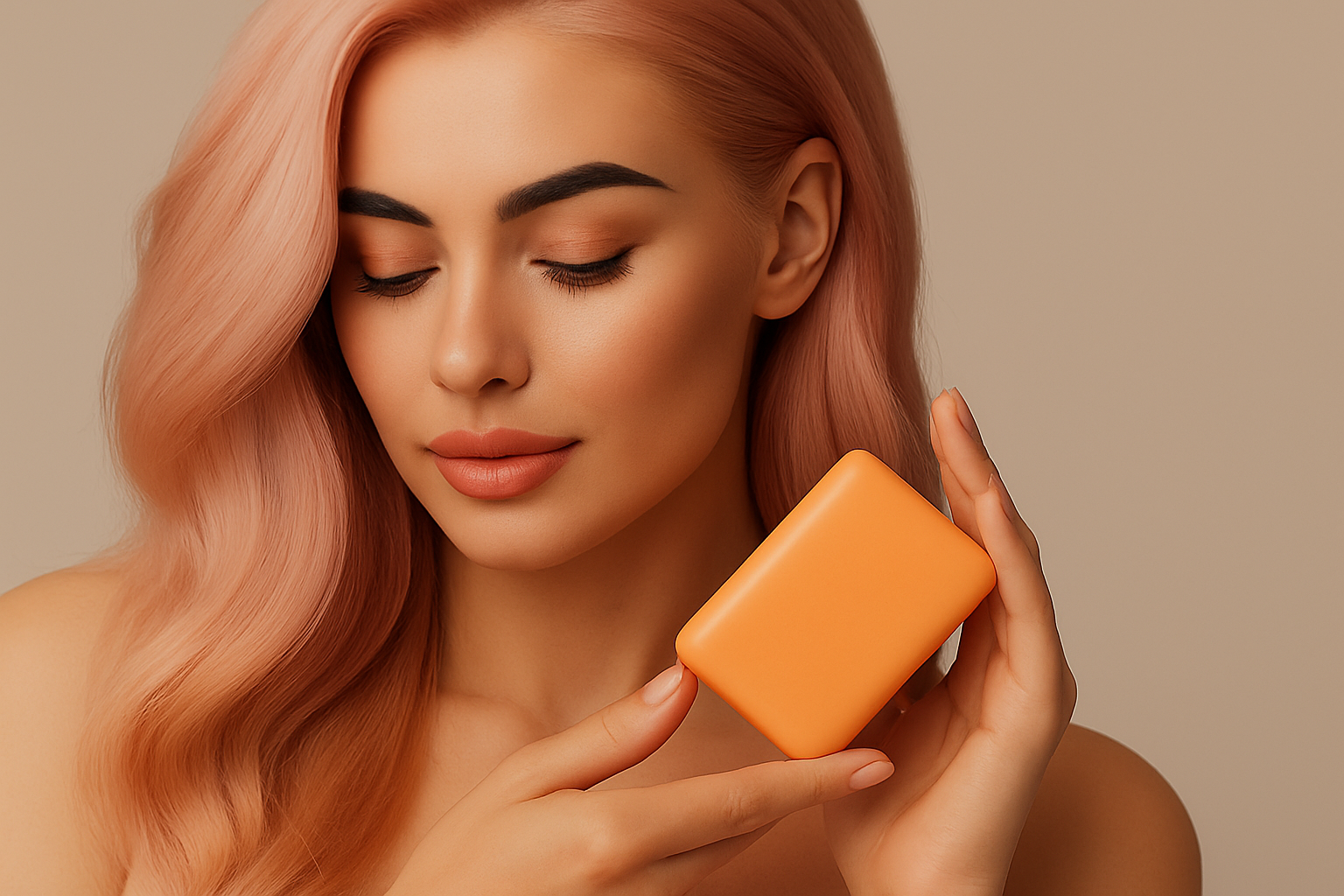 Woman holding an orange soap bar against a beige background