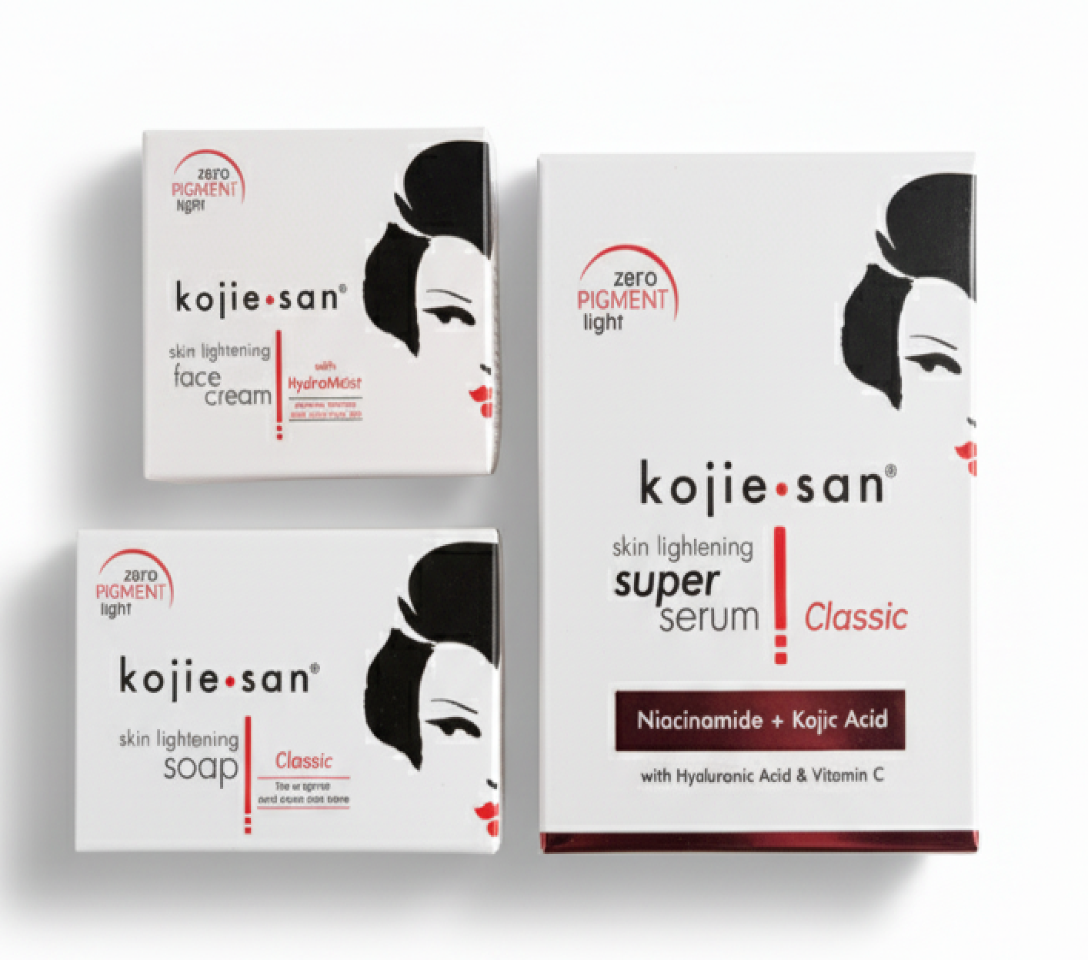 Kojie San skincare products including cream, serum, and soap on a white background
