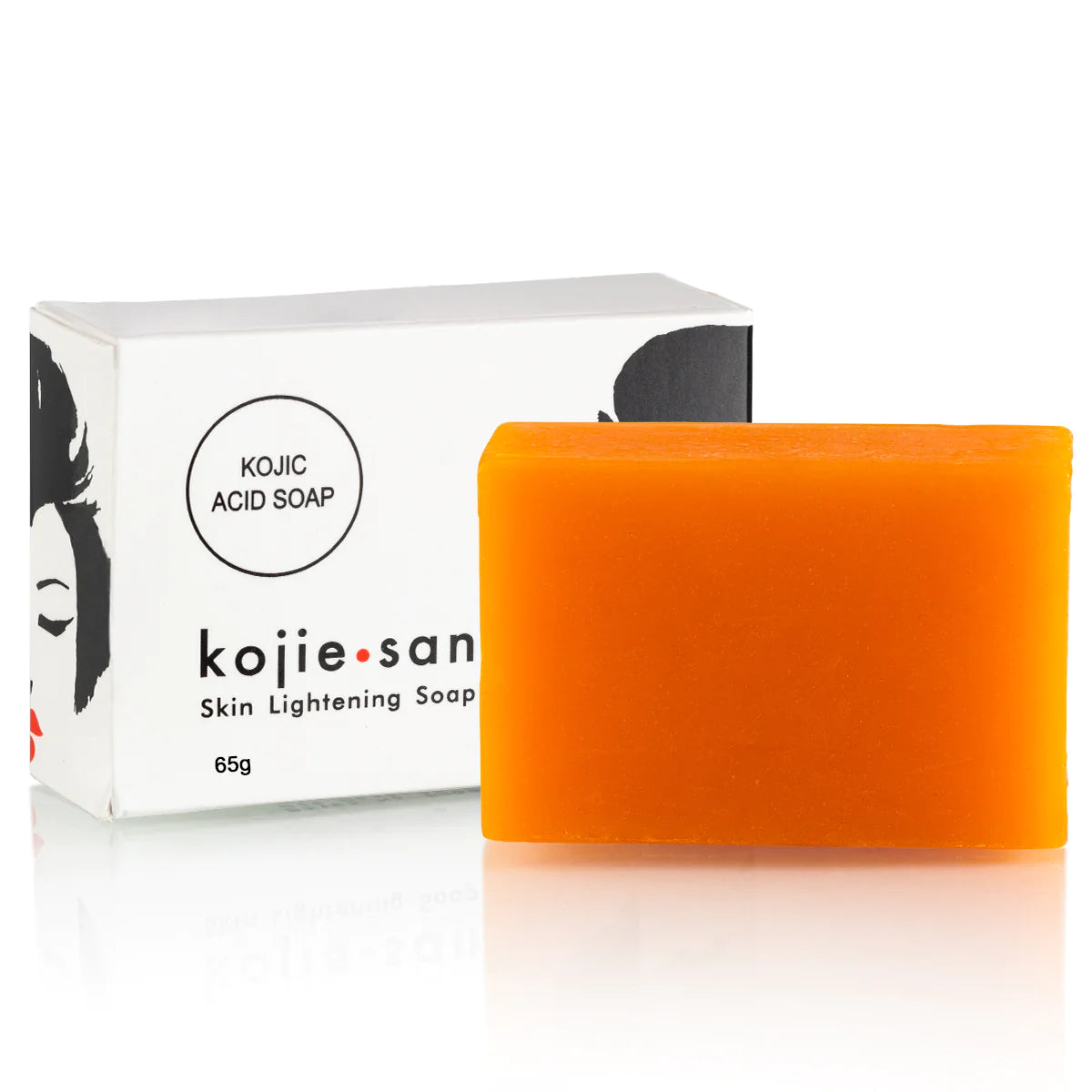 A bar of Kojie San skin lightening soap next to its packaging box, which has 'Kojie San' and 'Skin Lightening Soap' printed on it.