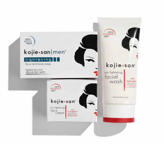 Kojie San skincare products including soap, facial wash, and cream on a white background