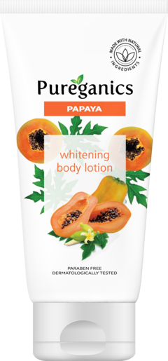Pureganics Papaya Lightening Body Lotion packaging with an image of a ripe papaya and leaves, indicating the natural ingredients of the lotion.