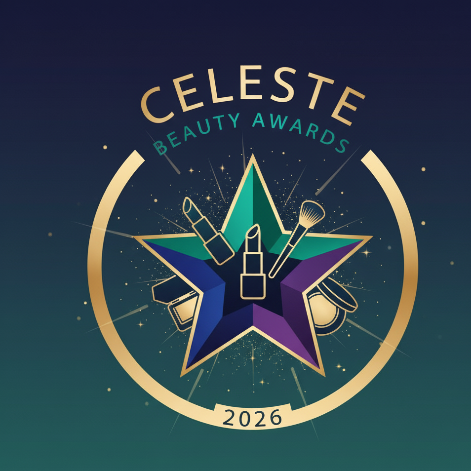 Celeste Beauty Awards logo with a star and cosmetic icons on a dark blue background
