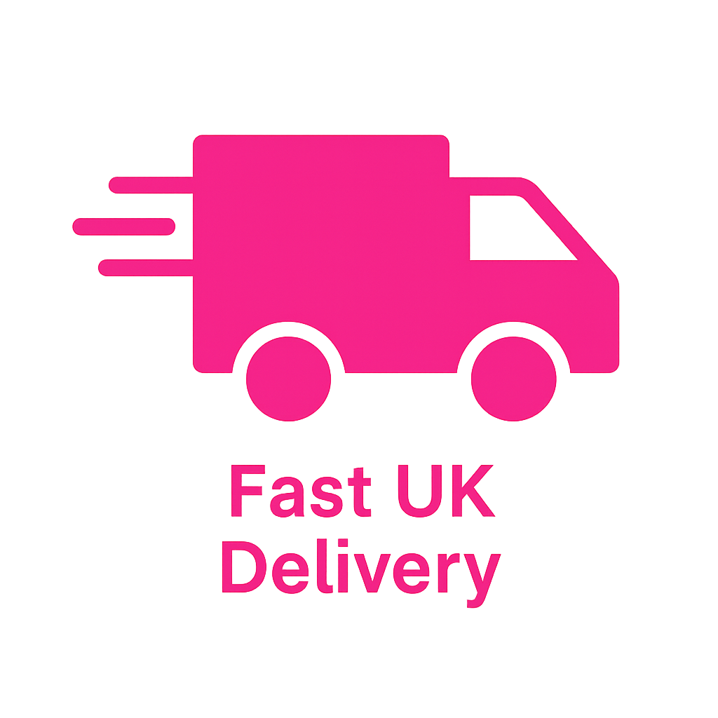 Pink delivery truck icon with 'Fast UK Delivery' text on a white background
