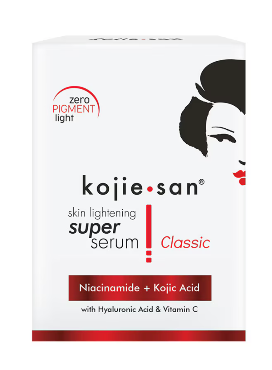 Packaging of KOJIE SAN Skin Lightening Super Serum 30ml with product information and branding visible.