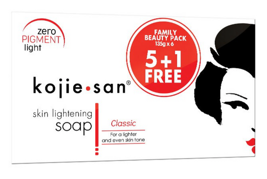 Packaging of Kojie San skin lightening soap family pack, showing a graphic of a woman's profile and text detailing the product offer.