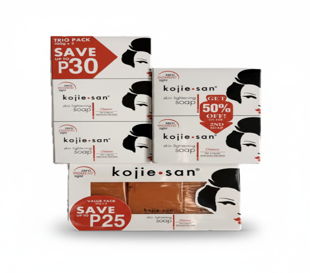Kojie San soap packaging with promotional text on a white background