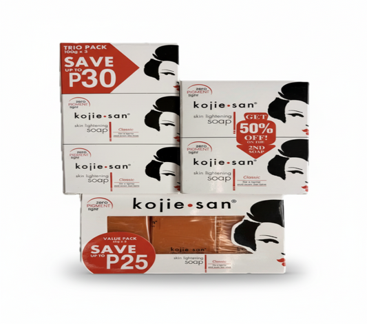 Kojie San soap packaging with promotional text on a white background