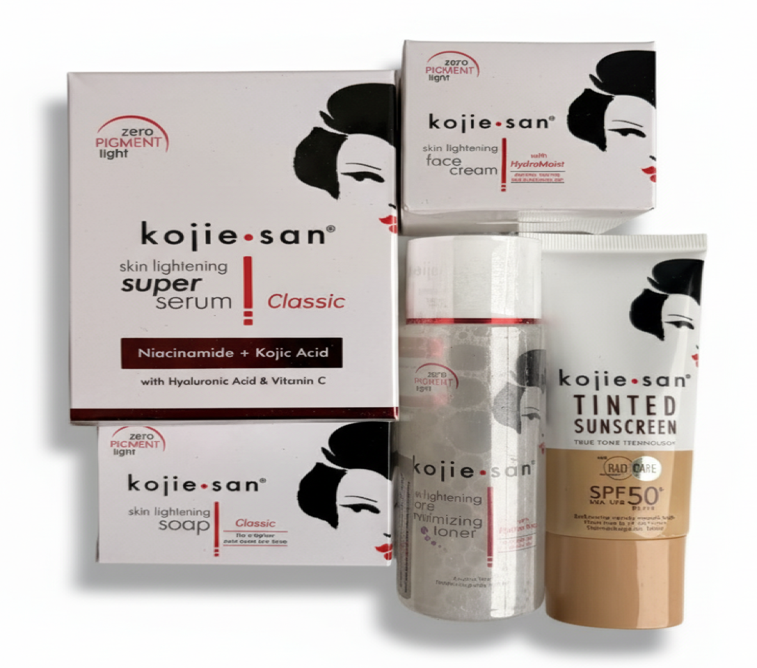 Kojie San skincare products including serum, cream, soap, and sunscreen on a white background