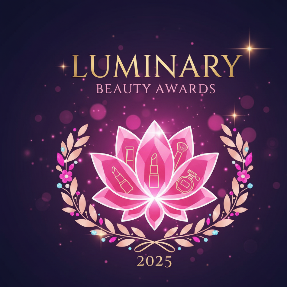 Luminary Beauty Awards logo with pink lotus and cosmetic icons on a dark background