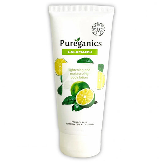 A tube of Pureganics Calamansi Skin Lightening & Brightening Lotion with illustrations of calamansi fruits and leaves on the packaging.