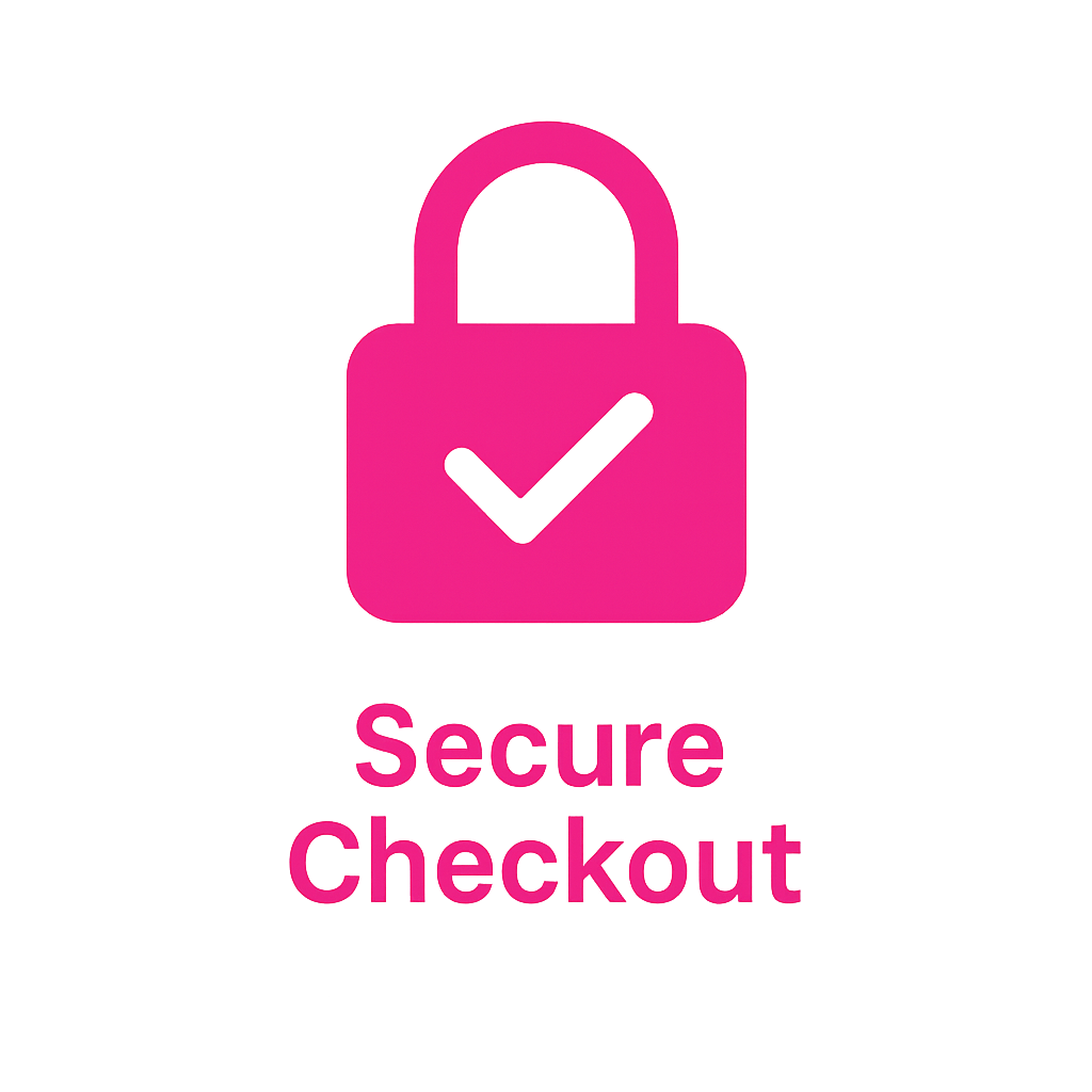 Pink lock icon with a checkmark and 'Secure Checkout' text on a white background
