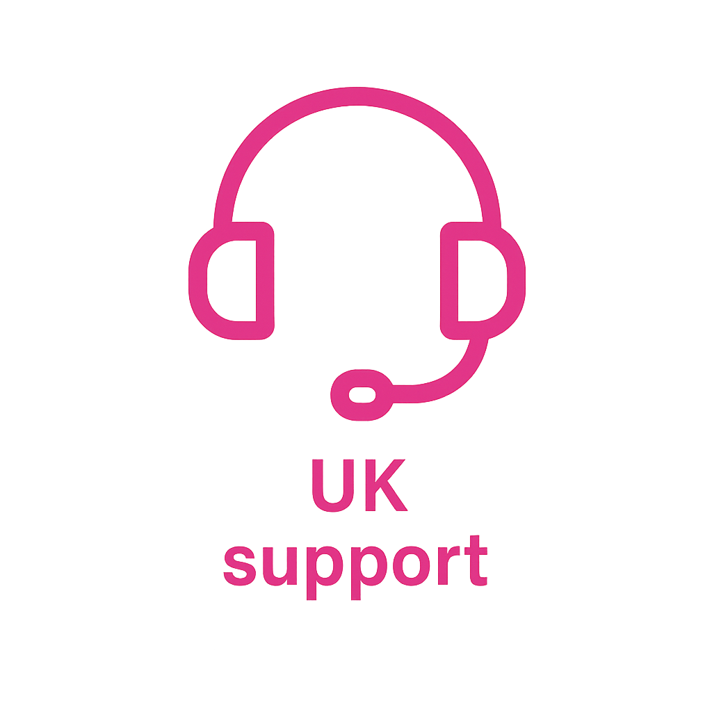 Pink headphone icon with 'UK support' text on a white background