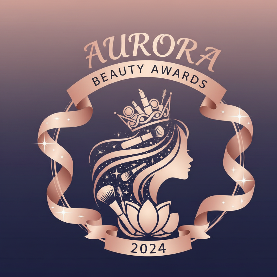 Logo for Aurora Beauty Awards 2024 with a stylized woman's face, crown, and makeup tools on a dark background.