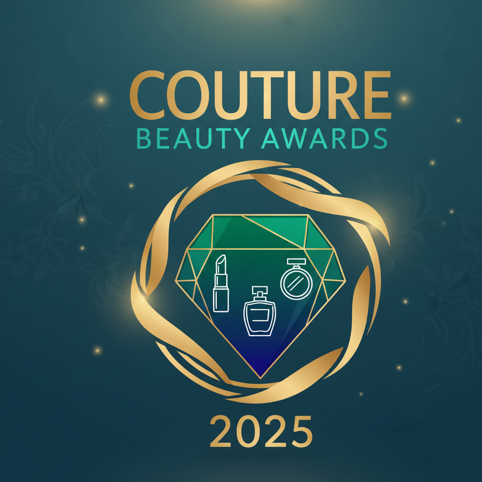 Couture Beauty Awards 2025 logo with gold and green design on a dark blue background